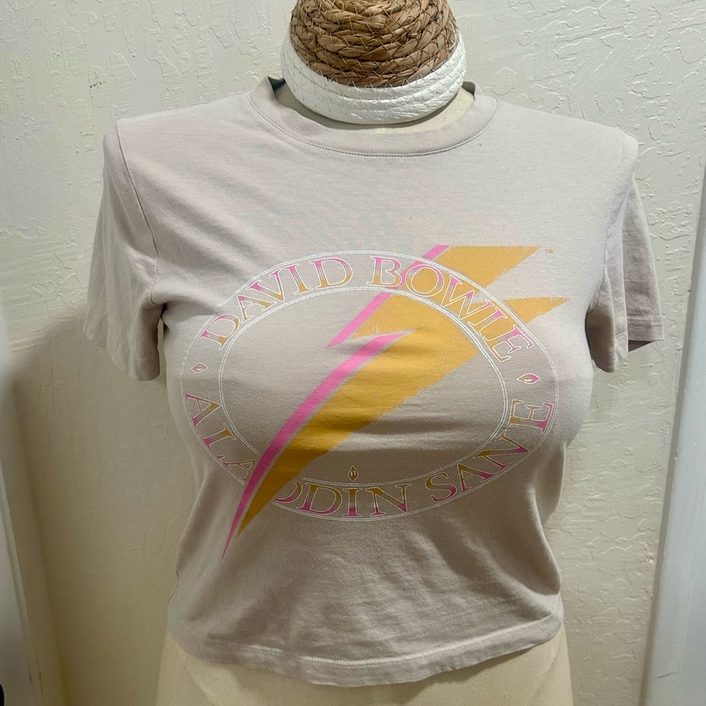David Bowie Pale Pink Graphic Crop Tee with Yellow & Pink Lightning